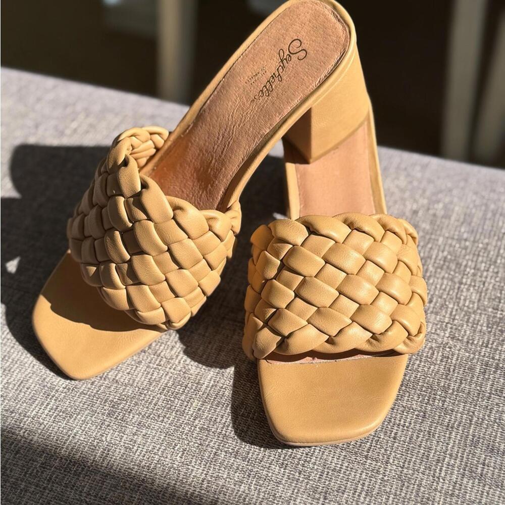 Seychelles Connoisseur Tan Woven Heeled Mules | Anthropology sz 10